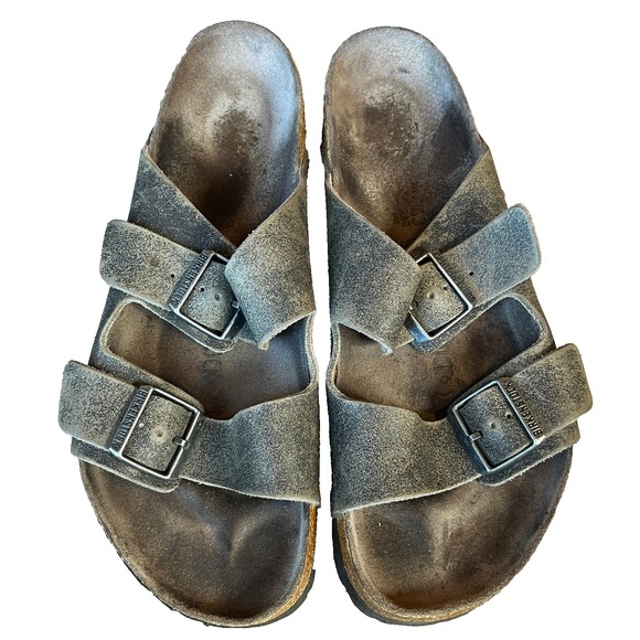 Birkenstock Arizona Slides Sandals Gray Oiled Distressed Leather Mens 10 EU‎ 43